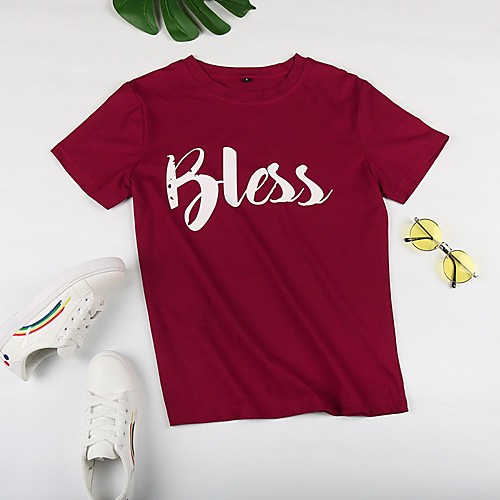 

Women's T shirt Graphic Text Letter Print Round Neck Tops Basic Basic Top White Yellow Wine