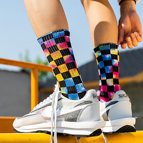 

Athletic Sports Socks 1 Pair Cushion Tie Dye Women's Men's Crew Socks Tube Socks Breathable Sweat wicking Comfortable Gym Workout Basketball Running Active Training Skateboarding Sports Checkered