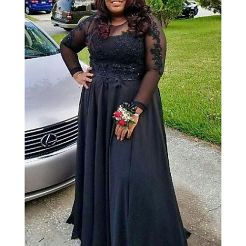 

A-Line Plus Size Elegant Wedding Guest Formal Evening Dress Jewel Neck Long Sleeve Floor Length Lace Satin with Pleats Appliques 2021