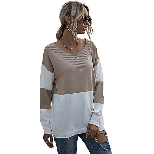 

Women's T shirt Color Block Long Sleeve Round Neck Basic Tops Khaki