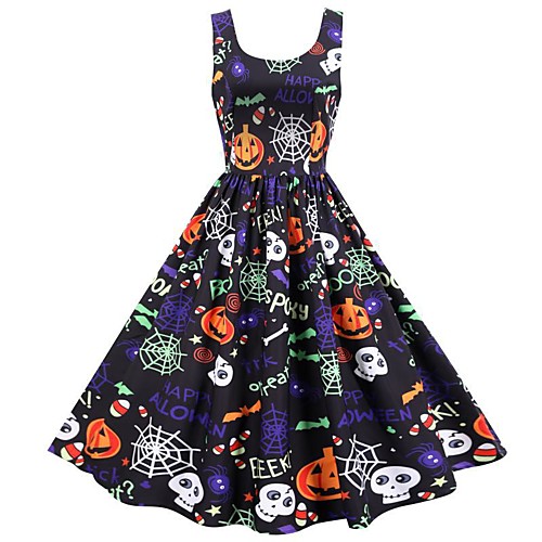 

Women's Halloween A Line Dress Maxi long Dress Black Sleeveless Print Print Summer Round Neck Hot Elegant Vintage Party Slim 2021 S M L XL XXL