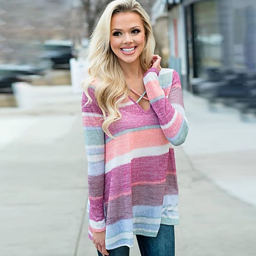 

Women's T shirt Color Block Long Sleeve V Neck Tops Basic Basic Top Rainbow