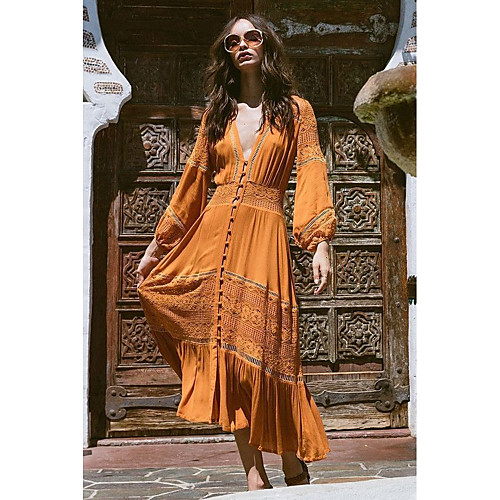 

Women's Swing Dress Maxi long Dress Yellow Long Sleeve Solid Color Lace Patchwork Button Fall Spring V Neck Hot Sexy Lantern Sleeve Slim 2021 S M L XL