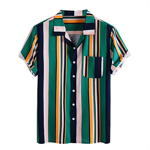 

Men's Shirt Other Prints Striped Short Sleeve Daily Tops Basic Button Down Collar Green
