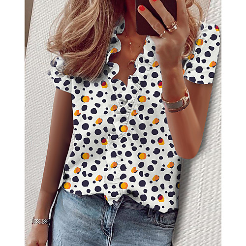 

Women's Blouse Shirt Polka Dot Graphic Prints Long Sleeve Ruffle Print V Neck Basic Tops White Black