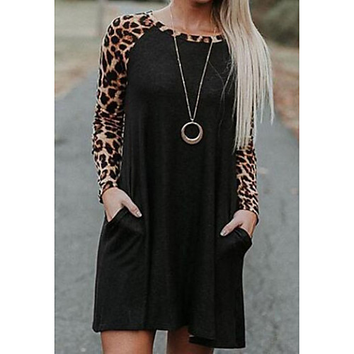 

Women's Shift Dress Maxi long Dress Black Long Sleeve Leopard Patchwork Print Fall Spring Round Neck Sexy Slim 2021 S M L XL