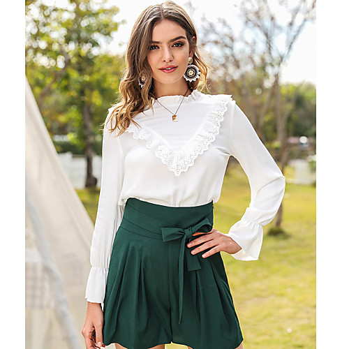 

Women's Blouse Shirt Solid Colored Long Sleeve Patchwork Lace Trims Standing Collar Basic Tops White