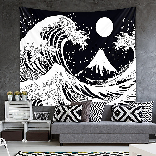 

Wall Tapestry Art Decor Blanket Curtain Picnic Tablecloth Hanging Home Bedroom Living Room Dorm Decoration Polyester Black And White Moon Wave Pattern