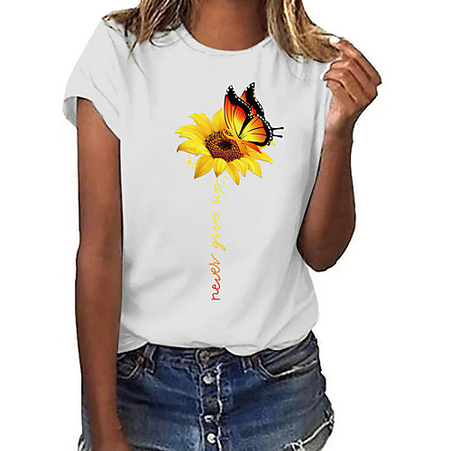 

Women's T shirt Floral Butterfly Flower Print Round Neck Tops 100% Cotton Basic Basic Top White / Sunflower