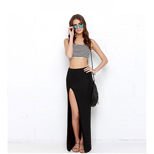 

Women's Tank Top Striped Print Round Neck Basic Sexy Tops Black