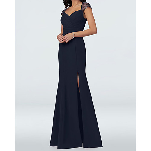 

A-Line V Neck Floor Length Stretch Satin Bridesmaid Dress with Split Front