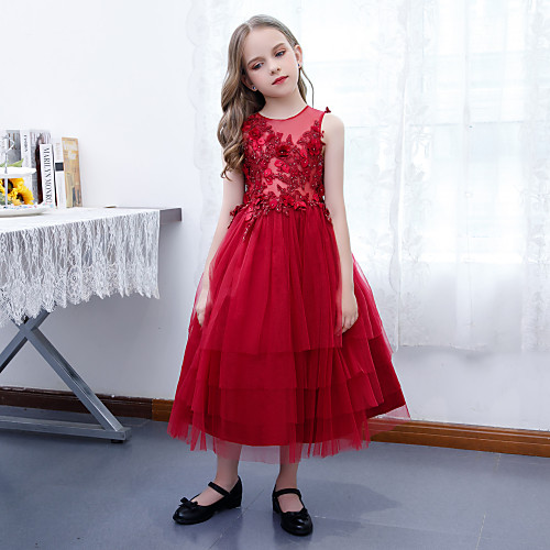 

A-Line Ankle Length Junior Bridesmaid Dress Party Lace Sleeveless Crew Neck with Bow(s)