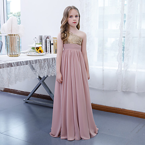 

A-Line Floor Length Junior Bridesmaid Dress Party Chiffon Sleeveless One Shoulder with Pleats