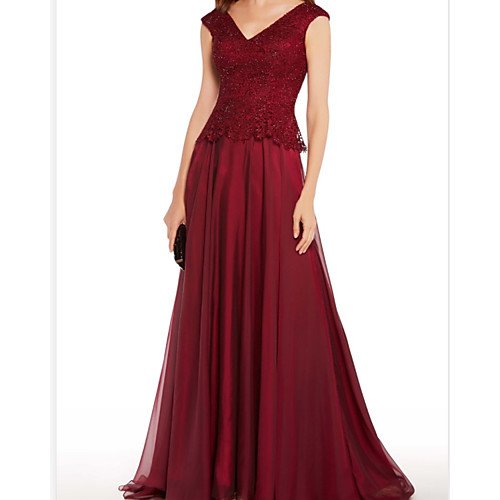 

A-Line Mother of the Bride Dress Elegant V Neck Floor Length Chiffon Lace Sleeveless with Pleats 2021