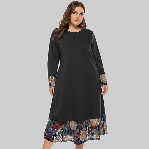 

Women's Shift Dress Midi Dress Blue Black Long Sleeve Print Patchwork Print Fall Round Neck Casual Loose 2021 XXL 3XL 4XL 5XL