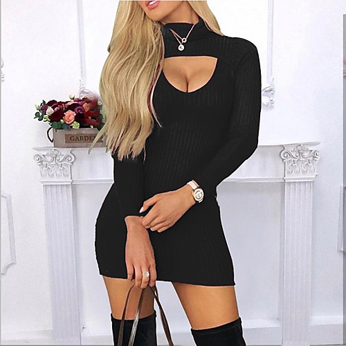 

Women's Sweater Jumper Dress Short Mini Dress Wine Black Dark Gray Navy Blue Long Sleeve Solid Color Patchwork Fall Round Neck Sexy Going out Slim 2021 S M L XL XXL