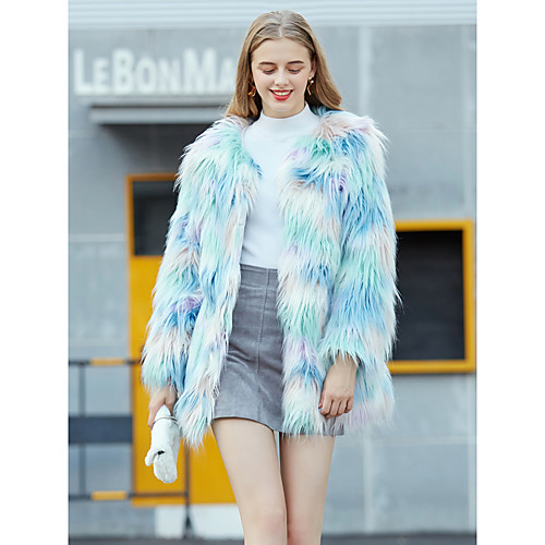 

Women's Faux Fur Coat Party Fall & Winter Long Coat Regular Fit Basic Streetwear Jacket Long Sleeve Tie Dye Rainbow
