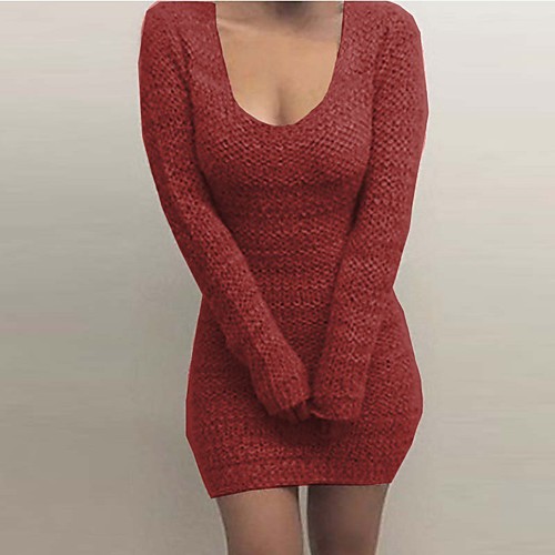

Women's Sweater Jumper Dress Short Mini Dress Wine Gray Black Long Sleeve Solid Color Patchwork Fall Spring Square Neck Hot Casual Slim 2021 S M L XL XXL