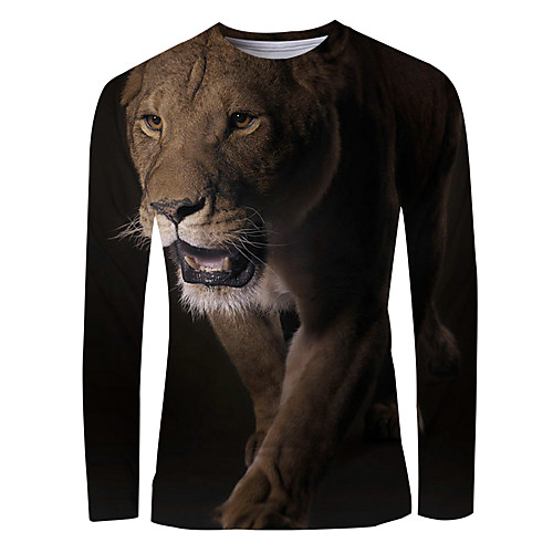 

Men's T shirt Shirt 3D Print Graphic Animal Long Sleeve Daily Tops Basic Round Neck Brown