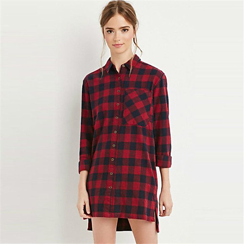 

Women's Blouse Shirt Plaid Check Long Sleeve Print Shirt Collar Basic Tops Red