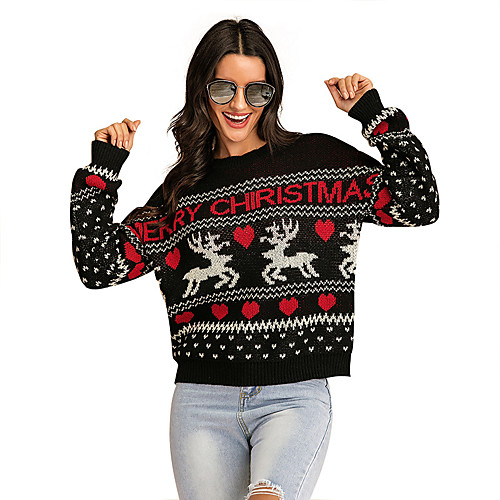 

Women's Basic Knitted Animal Pullover Long Sleeve Sweater Cardigans Crew Neck Round Neck Fall Winter Black
