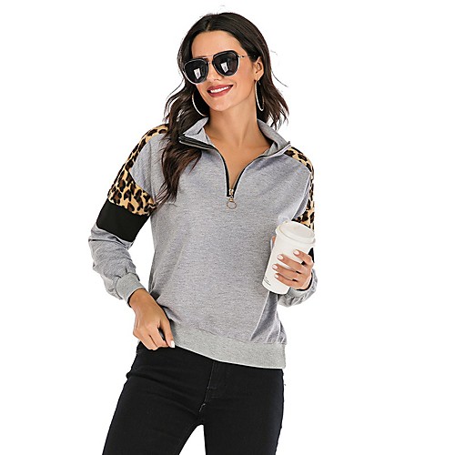 

Women's Blouse Shirt Leopard Cheetah Print Long Sleeve Zipper Patchwork Standing Collar Streetwear Tops Gray