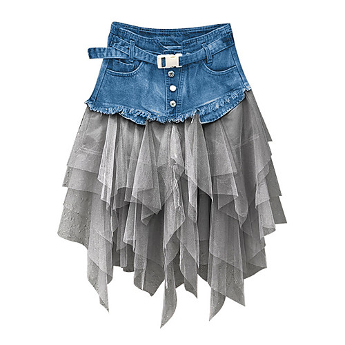 

Women's Daily Wear Basic Denim Skirts Color Block Tulle Black Light Blue / Asymmetrical