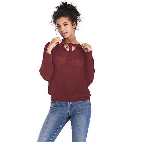 

Women's Blouse Shirt Solid Colored Long Sleeve Cut Out Knotted Round Neck Streetwear Tops Black Blue Wine