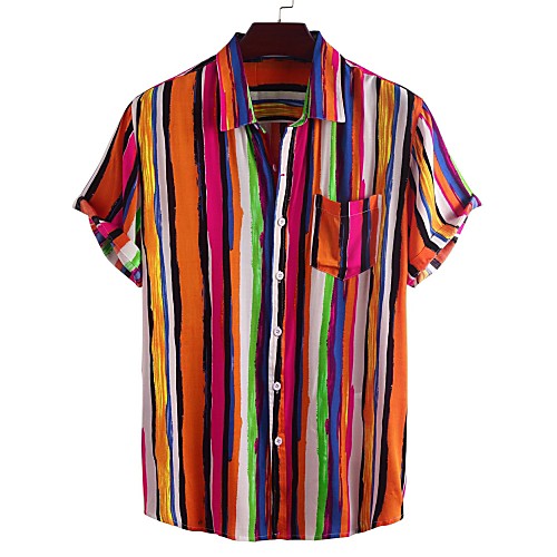

Men's Shirt Other Prints Striped Short Sleeve Daily Tops Cotton Basic Button Down Collar Blushing Pink Fuchsia Green