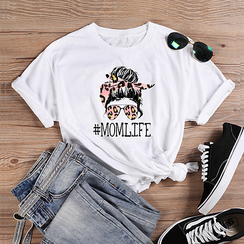 

Women's T shirt Graphic Leopard Text Print Round Neck Basic Tops 100% Cotton White Wine