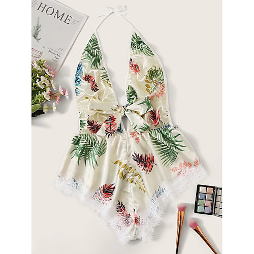 

Women's Lace Bow Print Super Sexy Bodysuits Nightwear Floral Patchwork Beige One-Size / Halter Neck / Deep V
