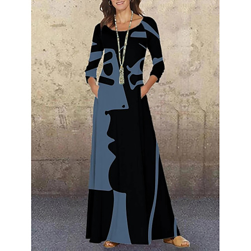

Women's Swing Dress Maxi long Dress Blue Black Red Long Sleeve Print Print Fall Round Neck Vintage Loose 2021 M L XL XXL 3XL 4XL