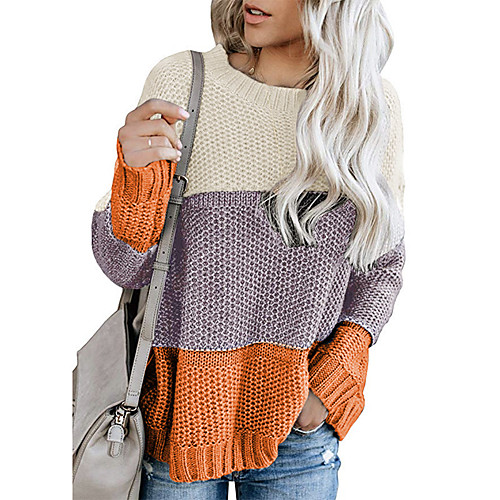 

Women's Basic Knitted Striped Sweater Long Sleeve Sweater Cardigans Crew Neck Round Neck Fall Winter Black Purple Brown