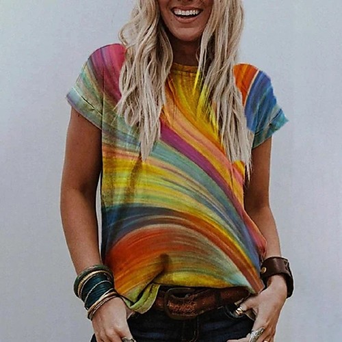 

Women's T shirt Color Block Round Neck Basic Tops Yellow Orange Green