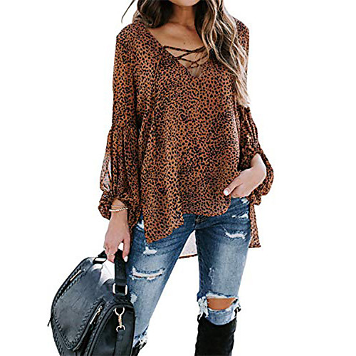 

Women's Blouse Shirt Leopard Cheetah Print Long Sleeve Asymmetric Print V Neck Basic Tops White Black Brown