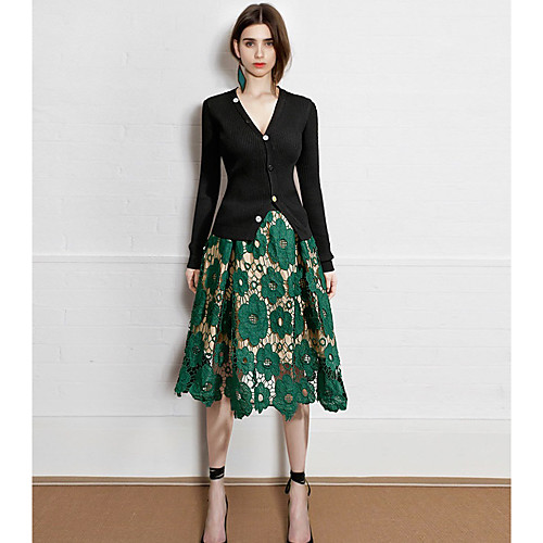 

Women's Going out Basic Skirts Floral Solid Colored Lace Patchwork Black Red Green