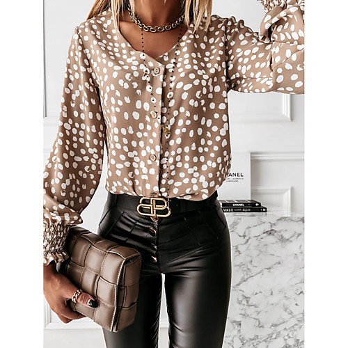 

Women's Blouse Shirt Polka Dot Long Sleeve Pleated Print V Neck Basic Tops Black Khaki Brown