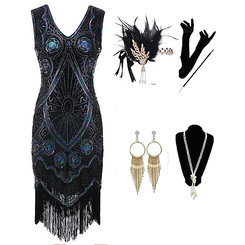 

The Great Gatsby 1920s Vintage Vacation Dress Flapper Dress Outfits Masquerade Prom Dress Women's Tassel Fringe Costume Blue Vintage Cosplay Party Prom / Gloves / Headwear / Necklace / Earrings