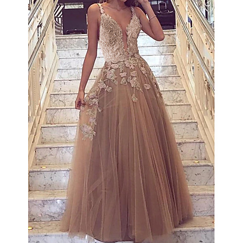 

A-Line Cut Out Floral Engagement Prom Dress V Neck Sleeveless Floor Length Tulle with Overskirt Appliques 2021