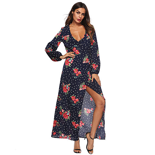 

Women's Sheath Dress Maxi long Dress Dusty Blue Long Sleeve Floral Print Fall Spring V Neck Vintage Flare Cuff Sleeve 2021 S M L XL / Plus Size