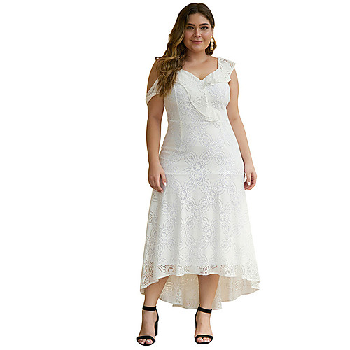 

Women's A Line Dress Maxi long Dress White Black Sleeveless Solid Color Backless Ruffle Lace Spring V Neck Sexy Slim 2021 XL XXL 3XL 4XL 5XL