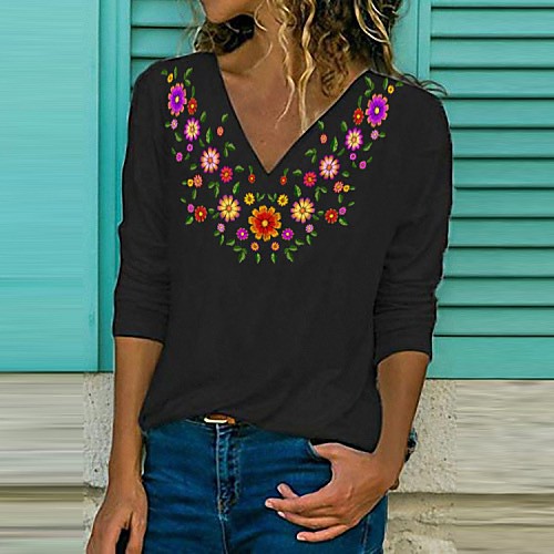 

Women's T shirt Floral Flower Long Sleeve Print V Neck Basic Tops Cotton White Black Blue