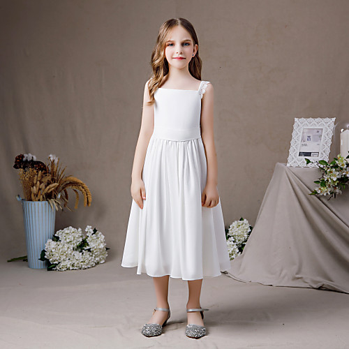 

A-Line Ankle Length Junior Bridesmaid Dress Party Chiffon Sleeveless Jewel Neck with Pleats