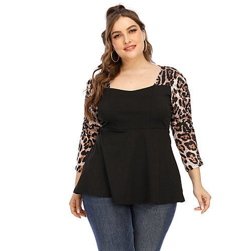 

Women's Plus Size Blouse Shirt Leopard Patchwork Square Neck Tops Black
