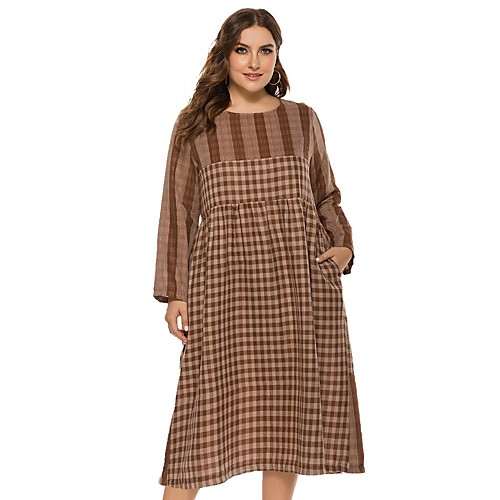 

Women's Shift Dress Midi Dress Independent real shots, stealing pictures must be Black Brown Long Sleeve Plaid Patchwork Print Fall Round Neck Casual Loose 2021 XXL 3XL 4XL 5XL