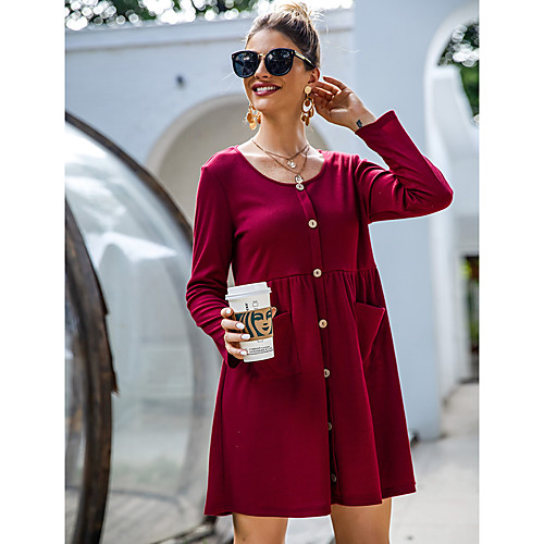 

Women's Sheath Dress Short Mini Dress Wine Long Sleeve Solid Color Ruched Patchwork Button Fall Round Neck Casual 2021 S M L XL