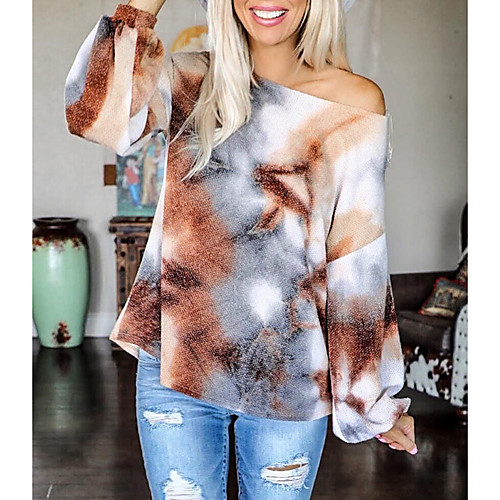 

Women's Blouse Shirt Tie Dye Long Sleeve Cut Out Print Round Neck Basic Tops Brown