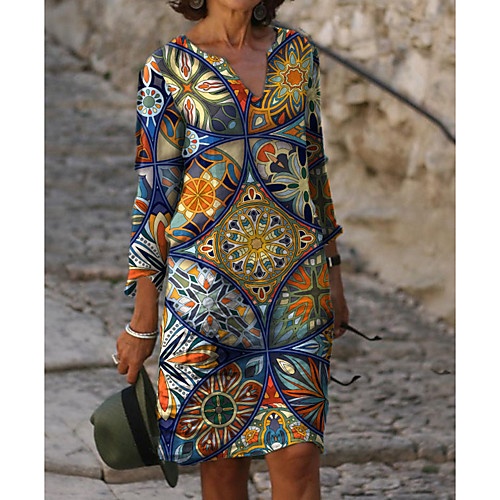 

Women's Sheath Dress Knee Length Dress Rainbow 3/4 Length Sleeve Floral Print Fall Spring V Neck Elegant 2021 M L XL XXL 3XL