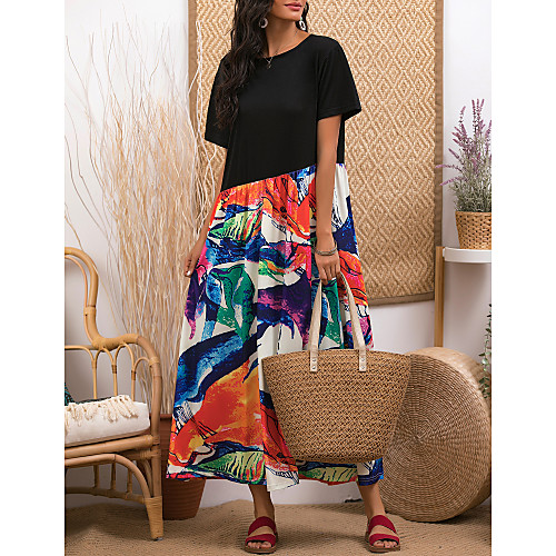 

Women's Kaftan Dress Maxi long Dress Black Half Sleeve Print Print Summer Round Neck Casual Holiday Loose 2021 S M L XL XXL 3XL 4XL 5XL / Plus Size / Plus Size