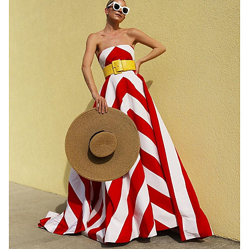 

Women's A Line Dress Maxi long Dress Red Sleeveless Striped Fall Strapless Elegant Party 2021 S M L XL